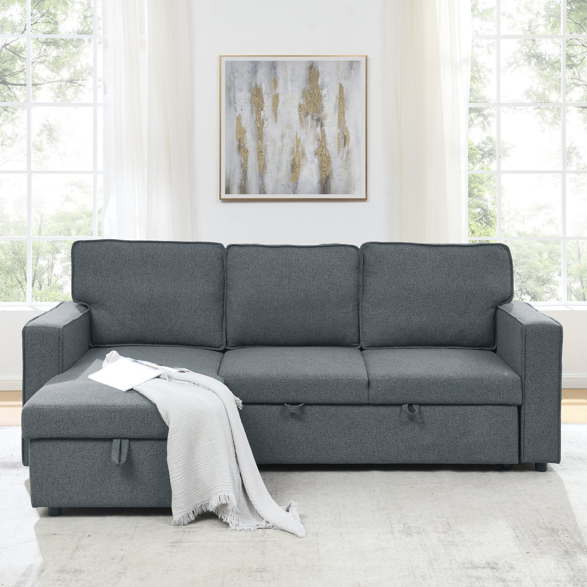 Linen Upholstered Sleeper Sectional Sofa, Shaped Modular Convertible Sofa with Storage Chaise,There are two cup holders in the middle and USB multi-interface function,Pull Out Sleep Couch Bed ,Grey W487S00245-djyc