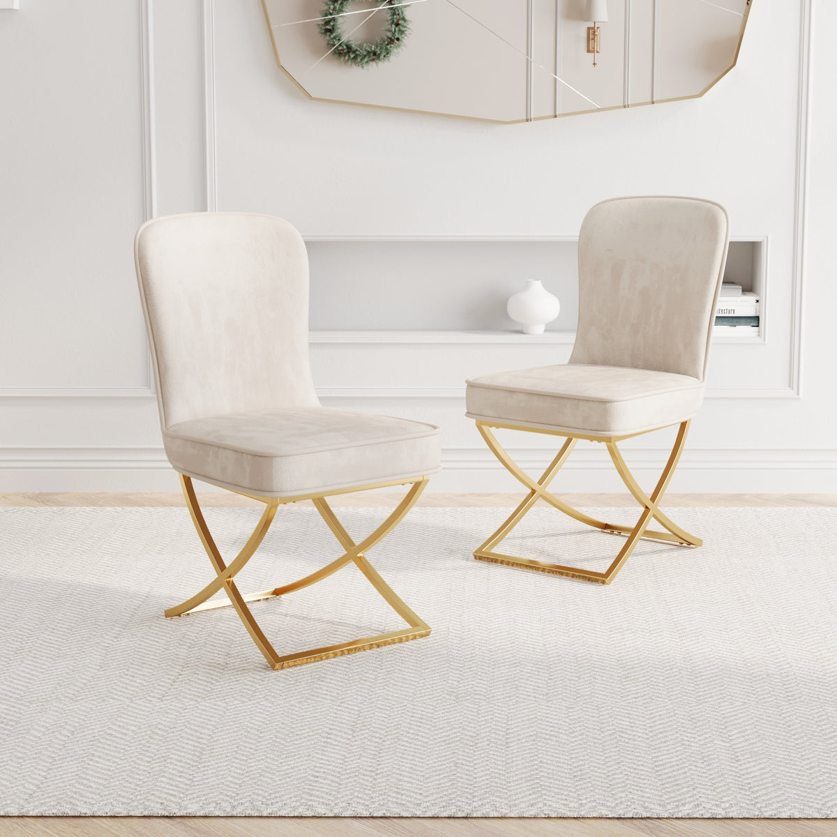 Dining Chair Set of 2, Beige velvet Backrest and golden Metal legs.For Modern Kitchen Dining Room Chair for Kitchen Living Modern decorative Leisure chairs.Office chairs y-2009 W1727P195278-djyc