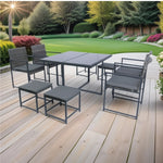 9 Pieces Patio Dining Sets Outdoor Space Saving Rattan Chairs with Glass Table Top Grey Wicker + Dark Grey Cushion W329S00041-djyc