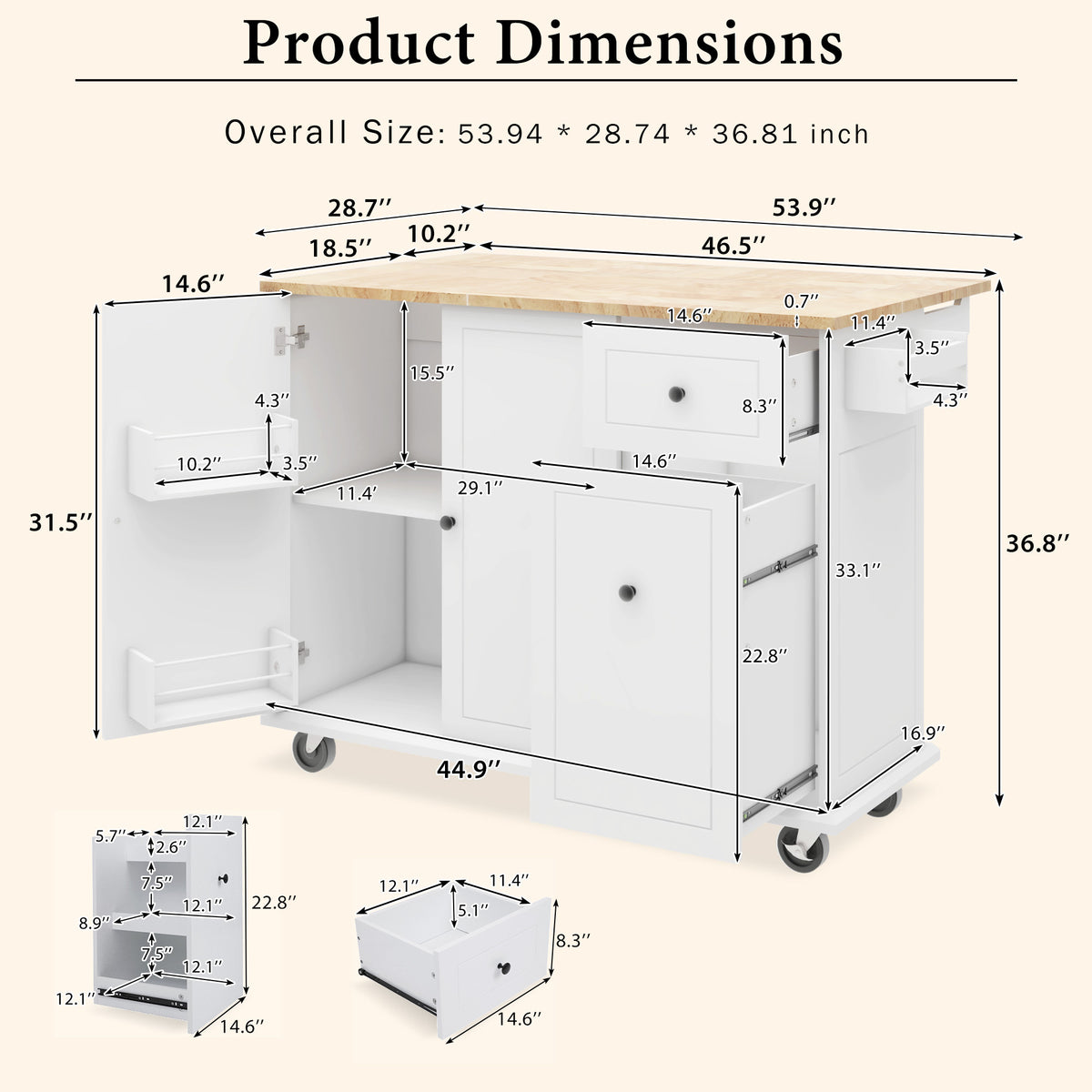 Kitchen Island with Drop Leaf, 53.9" Width Rolling Kitchen Cart on Wheels with Internal Storage Rack and 3 Tier Pull Out Cabinet Organizer, Kitchen Storage Cart with Spice Rack, Towel Rack (White) WF312383AAW-djyc