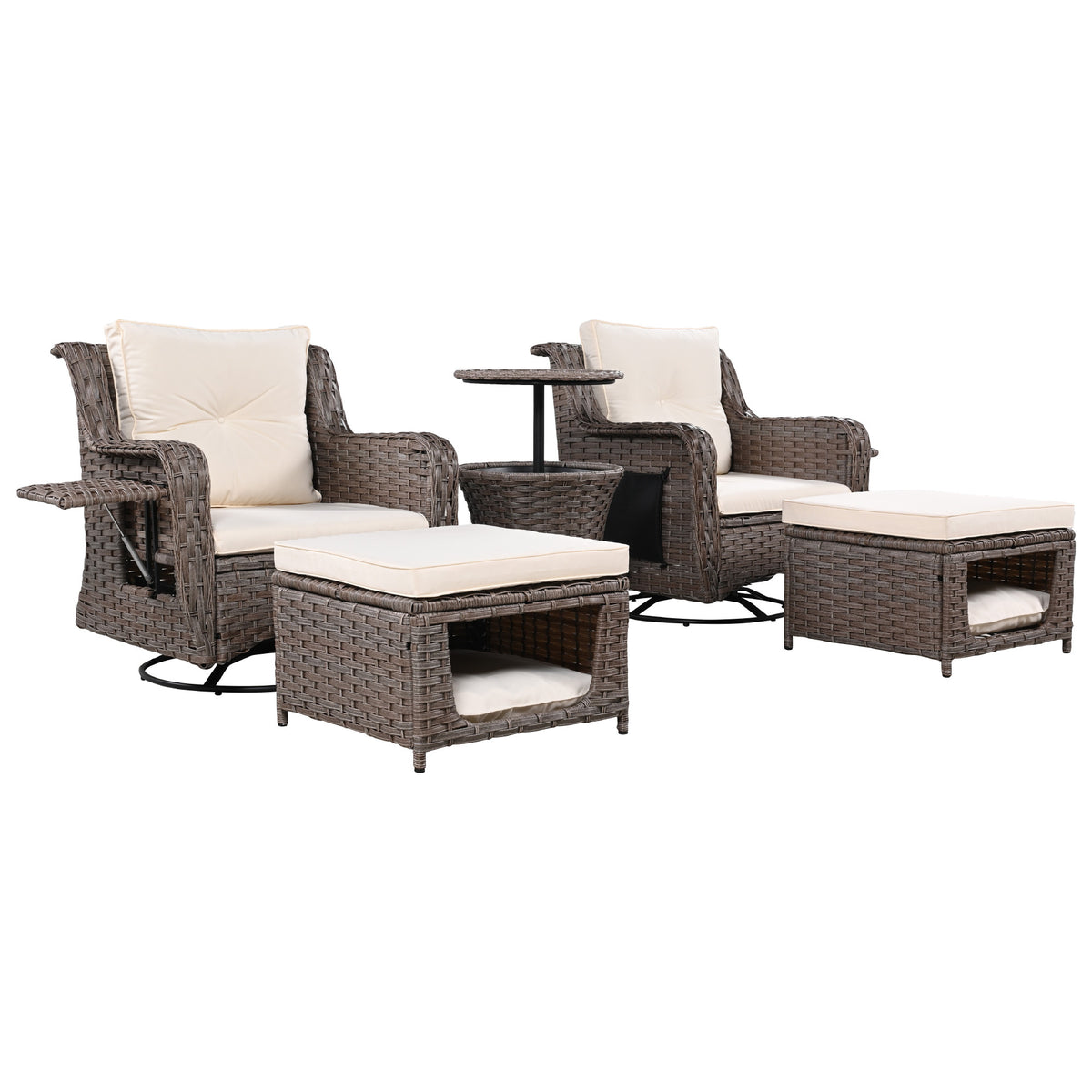 K&K 5 Pieces Outdoor Patio Furniture Set with Pet House Cool Bar and Retractable Side Tray, Rattan Wicker Patio Swivel Rocking Chairs Set of 2 with Ottomans for Backyard, Porch, Balcony, Beige SK000006AAA-djyc