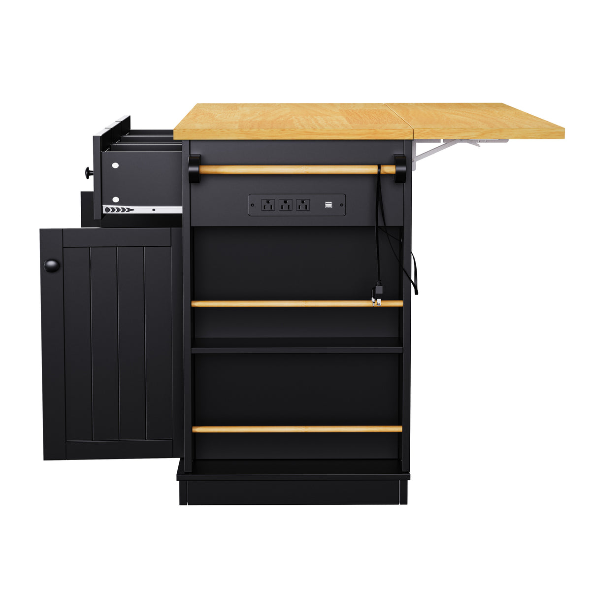 K&K 53inch Large Kitchen Island with Drop Leaf, Power Outlet, Door Internal Storage Rack, Rolling Kitchen Cart on 5 Wheels with 5 Open Side Racks for Kitchen, Dining Room,Black(Not include bar stools) N707P185531B-djyc