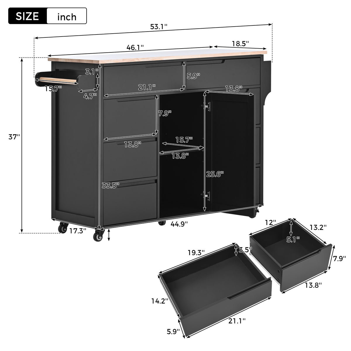 K&K Store Kitchen Cart with Rubber Wood Countertop , Kitchen Island has 8 Handle-Free Drawers Including a Flatware Organizer and 5 Wheels for Kitchen Dinning Room, Black SK000002AAB-djyc