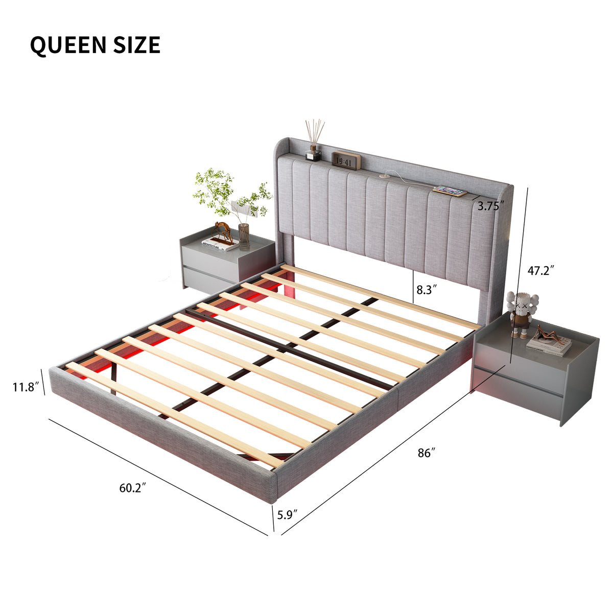 Queen size Floating Bed Frame,with Remote control LED Lights with APP , Wood Platform-Light Grey W2336P167496-djyc