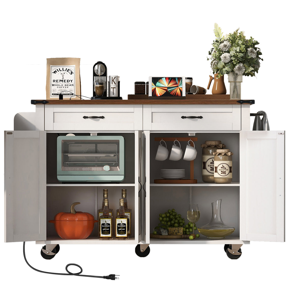 K&K 53.5''Farmhouse Kitchen Island with Power Outlet, Kitchen Storage Island with Drop Leaf, Spice Rack and Drawer, Rolling Kitchen Cart on Wheels, for Home, Kitchen and Dining Room, White N707P170348W-djyc