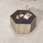Hexagonal Rural Style Garden Retro Living Room Coffee Table with 2 drawers, Textured Black + Warm Oak W88194499-djyc