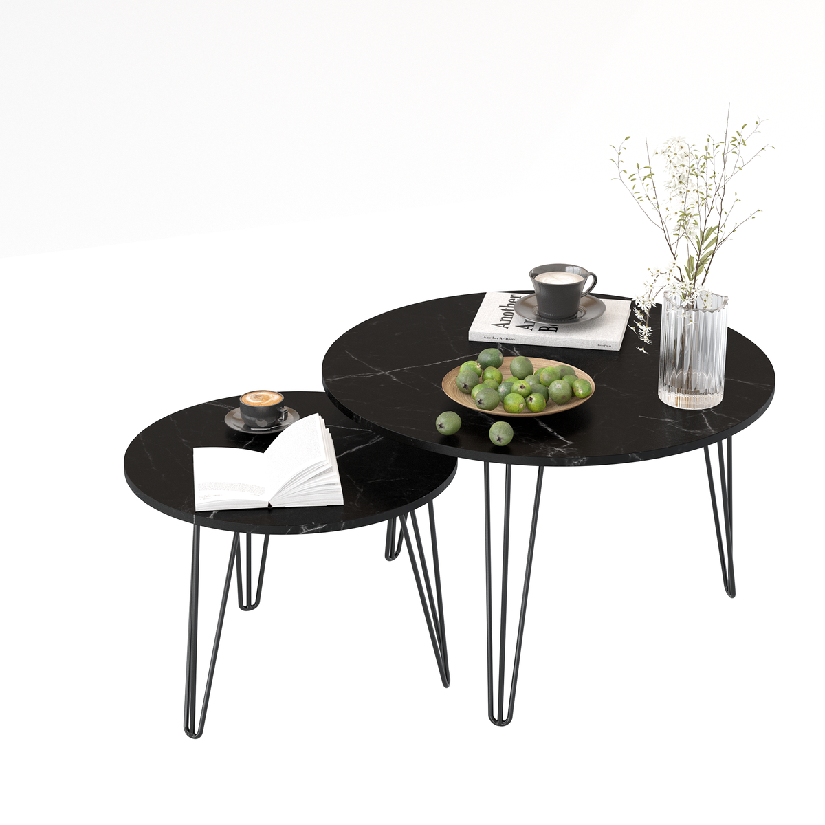 27.56'' Round Nesting Coffee Table Set of 2, Circular Nesting End Table Set, Round Marble Tabletop, and Sturdy Metal Base for Living Room, bedroom, Black W808P176733-djyc