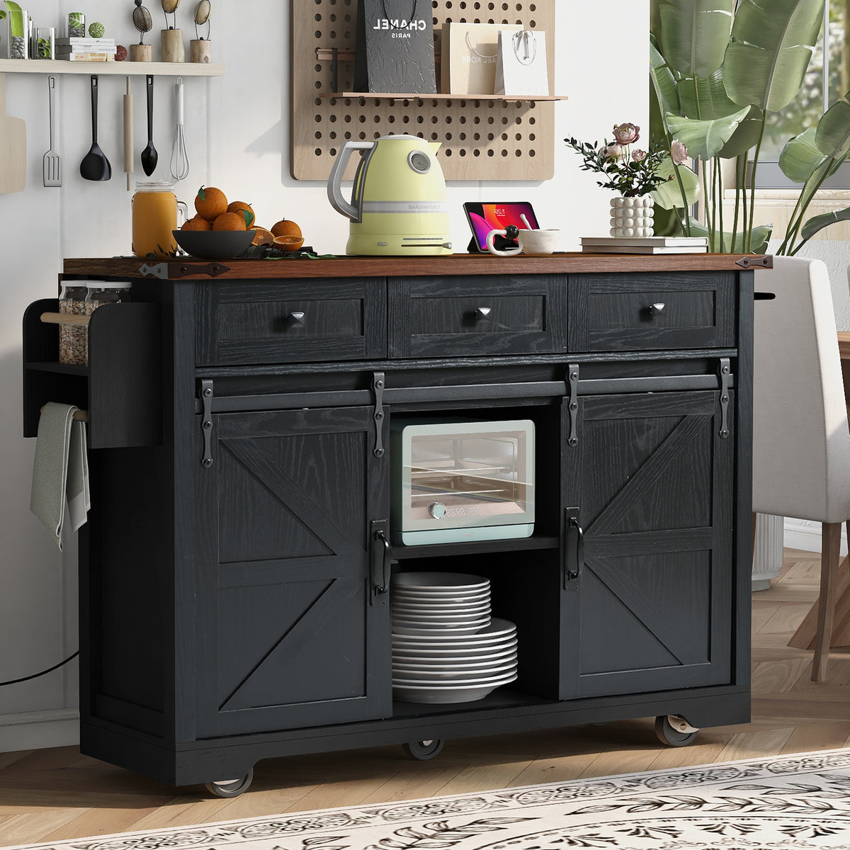 K&K 53.7" Farmhouse Kitchen Island with Power Outlet, 2 Sliding Barn Door Kitchen Storage Island with Drop Leaf, Spice Rack Rolling Kitchen Cart on Wheels, for Home, Kitchen and Dining Room, Black N707P170347B-djyc