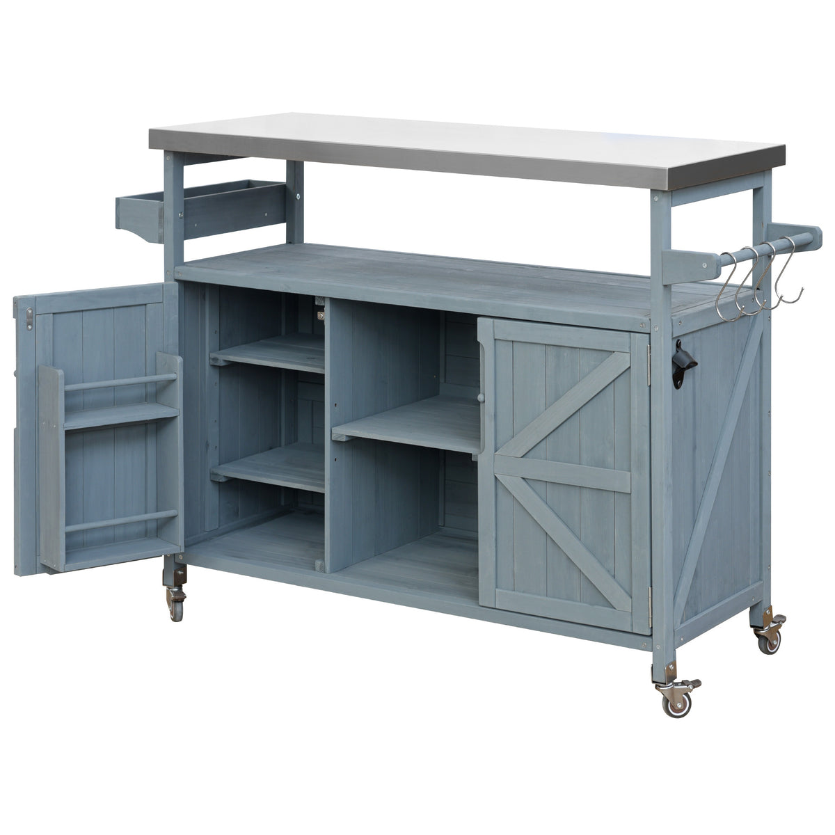 K&K Outdoor Kitchen Island, Rolling Bar Cart & Storage Cabinet, Farmhouse Solid Wood Outdoor Grill Table with Stainless Steel Top, Spice Rack , Towel Rack for Kitchen & BBQ , Grey Blue WF532198AAG-djyc