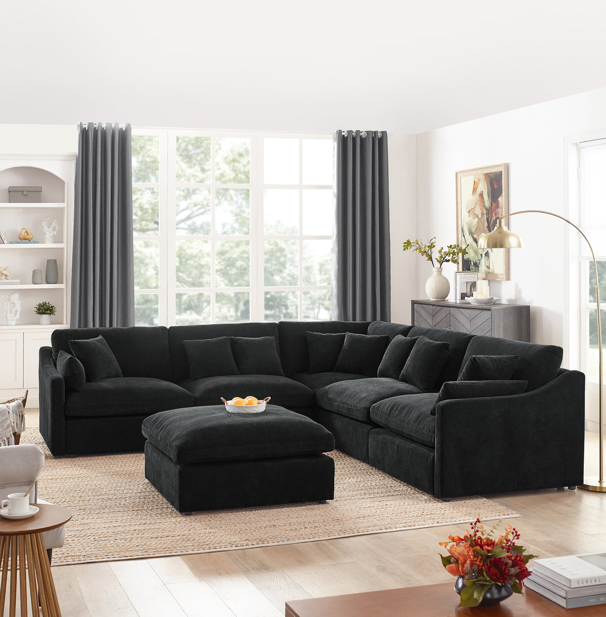 6-Seats Modular L-Shaped Sectional Sofa with Ottoman,10 Pillows, Oversized Upholstered Couch w/Removabled Down-Filled Seat Cushionfor Living Room, Chenille Black W487S00211-djyc