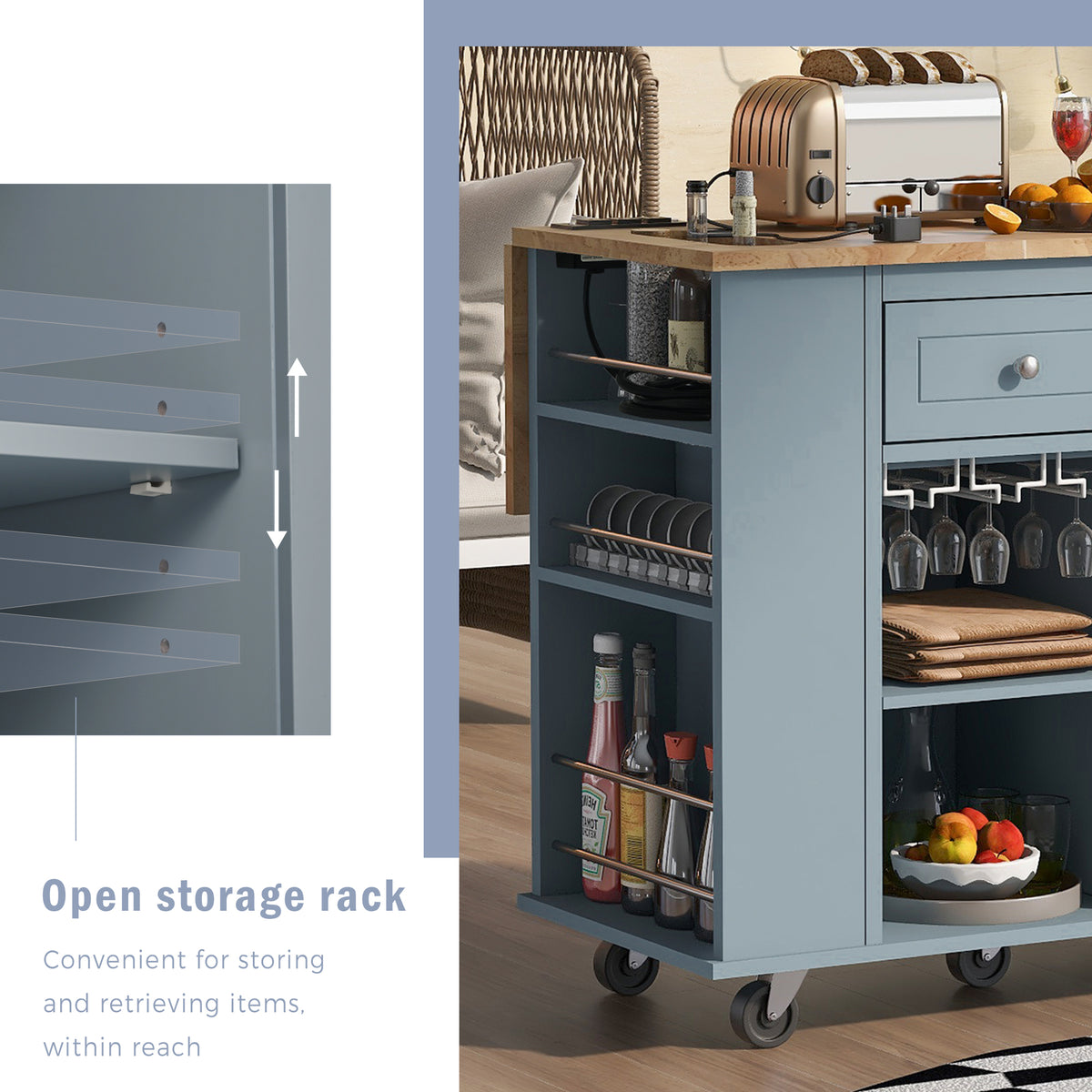 Kitchen Island with Power Outlet,Kitchen Storage Island with Drop Leaf and Rubber Wood,Open Storage and Wine Rack,5 Wheels,with Adjustable Storage for Home, Kitchen, and Dining Room, Grey Blue WF305556AAG-djyc