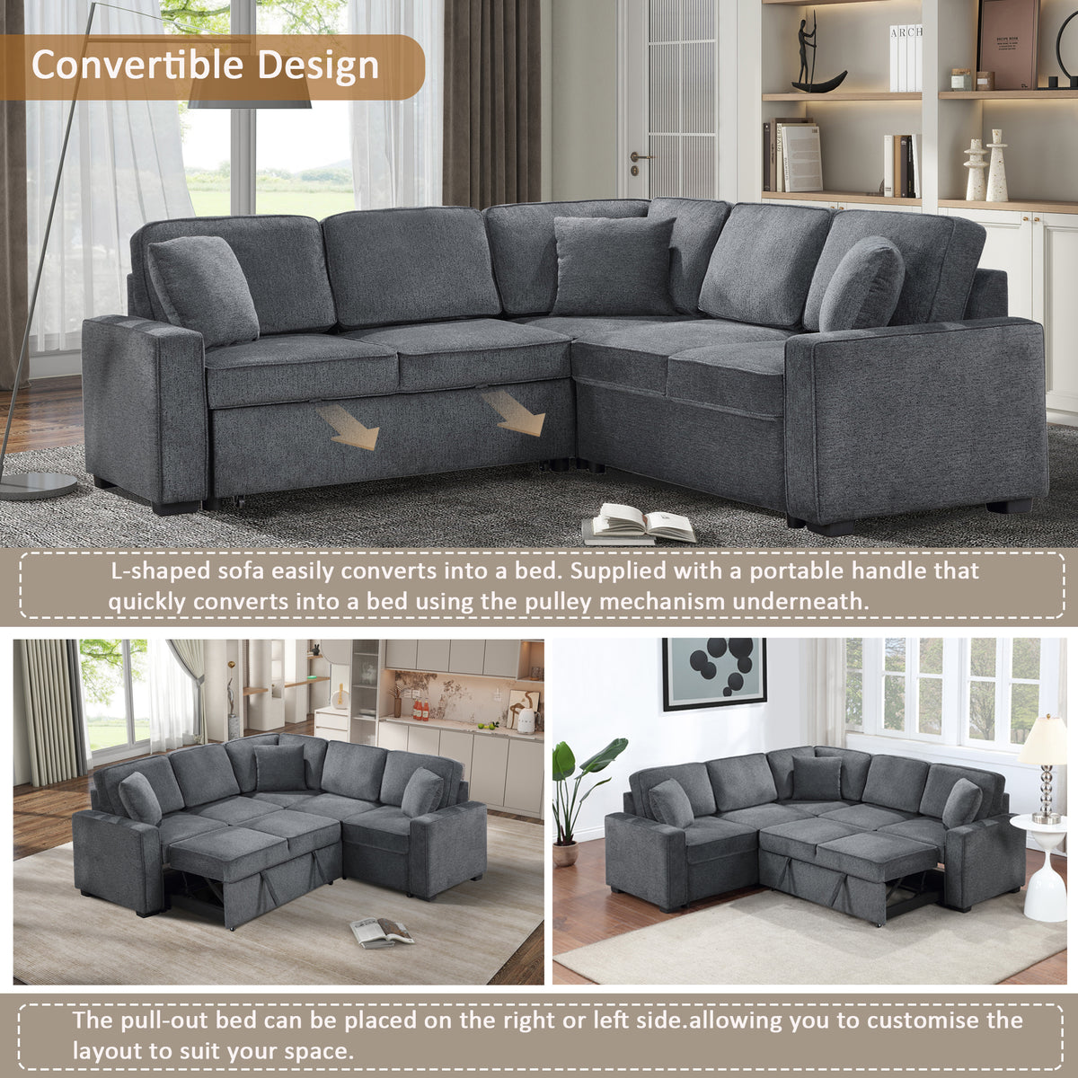 Modular Sofa, Sectional Couch L Shaped Sofa Couch with Pullout Sleeper, 5 Seat Chenille Corner Sofa for Living Room, 3 Pillows Included, Dark Gray W1998S00052-djyc