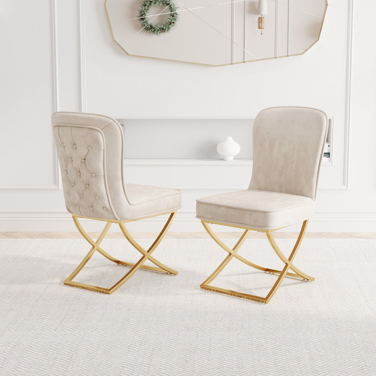 Dining Chair Set of 2, Beige velvet Backrest and golden Metal legs.For Modern Kitchen Dining Room Chair for Kitchen Living Modern decorative Leisure chairs.Office chairs y-2009 W1727P195278-djyc