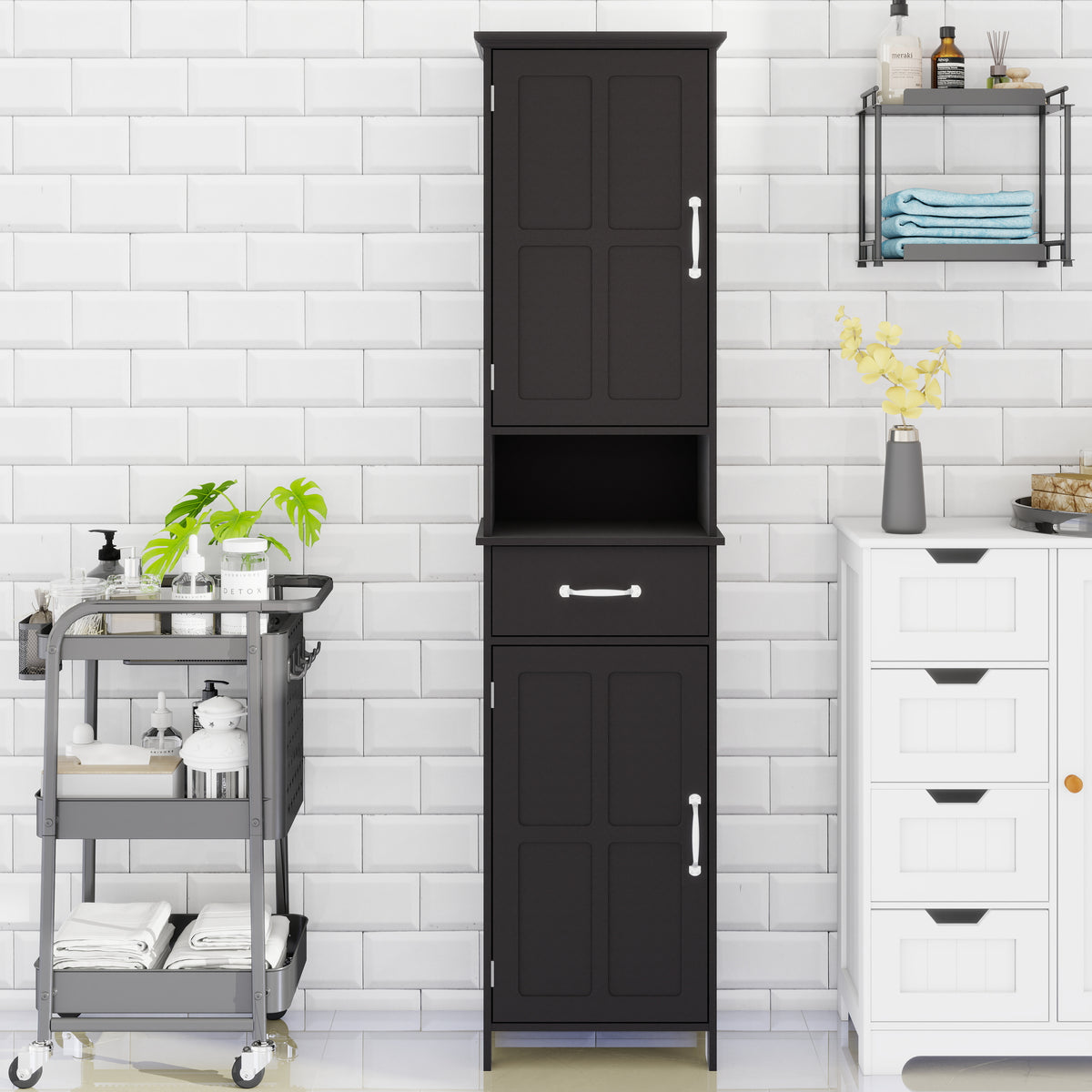 Double Door Narrow Height Slim Floor Standing Cabinet with 2 Adjustable Shelves-Black W282P171953-djyc