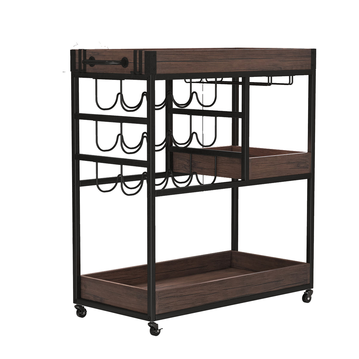 3 Tier Industrial Rolling Serving Cart with Lockable Wheels, Wine Rack Cart with Glass Holder for Indoor and Outdoor, Beverage Trolley cart with 2 Removable Tray, W2557P195401-djyc