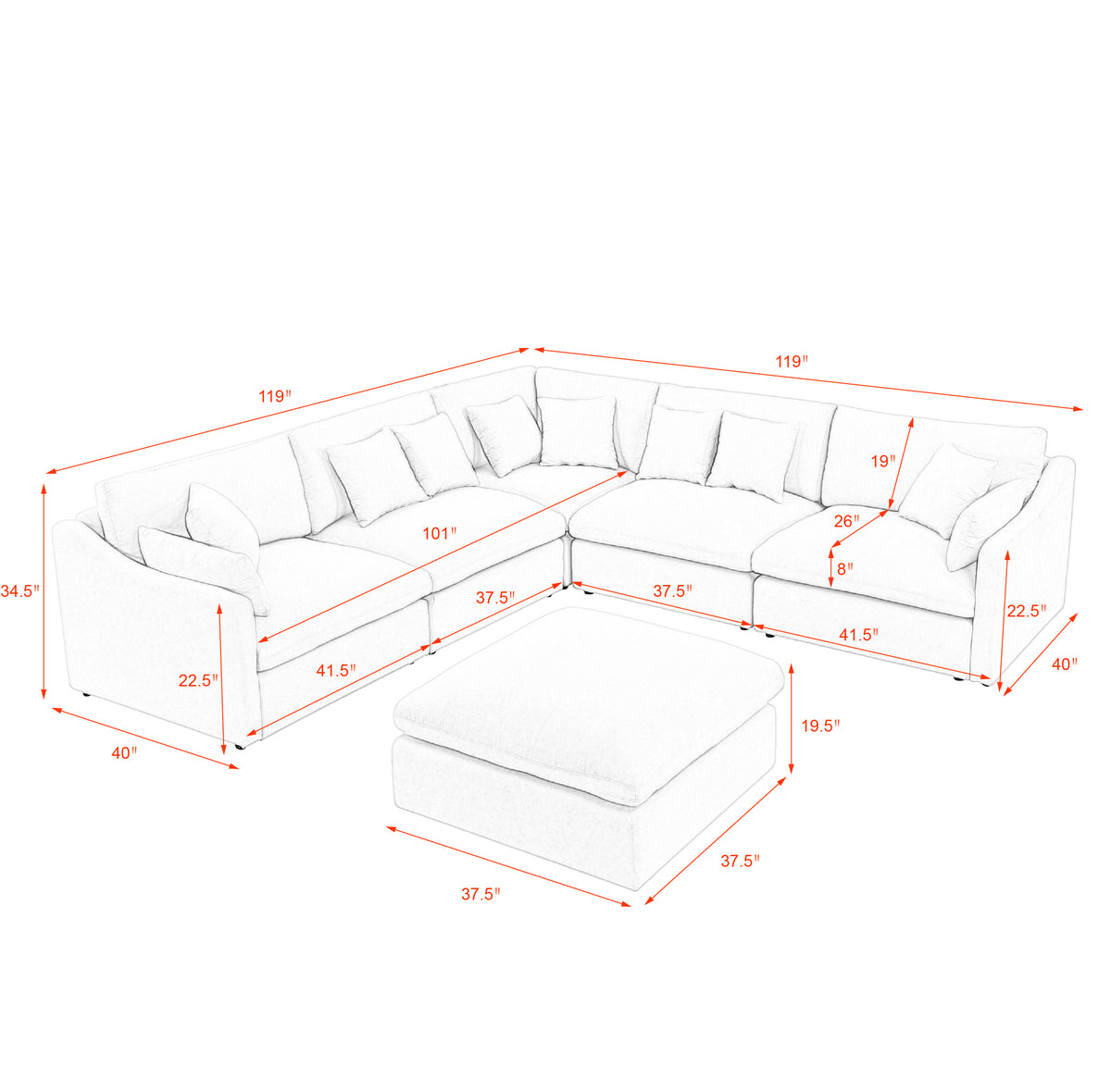 6-Seats Modular L-Shaped Sectional Sofa with Ottoman,10 Pillows, Oversized Upholstered Couch w/Removabled Down-Filled Seat Cushionfor Living Room, Chenille Black W487S00211-djyc