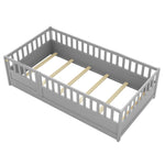 Twin Size Floor bed, integral construction with super high security barrier, door, children's floor bed frame, Montessori wooden children's floor bed, Support slat Grey W1858P164941-djyc
