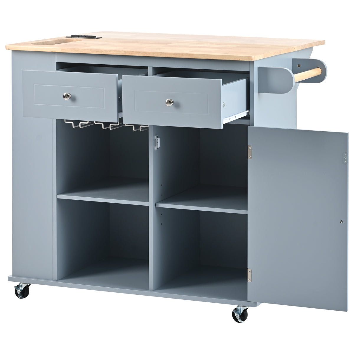 Kitchen Island with Power Outlet,Kitchen Storage Island with Drop Leaf and Rubber Wood,Open Storage and Wine Rack,5 Wheels,with Adjustable Storage for Home, Kitchen, and Dining Room, Grey Blue WF305556AAG-djyc