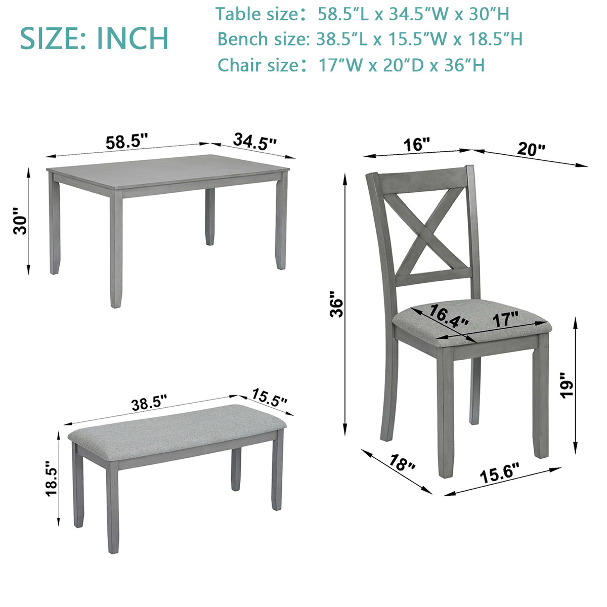 6 Piece Kitchen Dining Set, Rectangular Wooden Dining Table with 4 Upholstered Chairs and a Bench, Dining Table Set for 6 People, Living Room, Home Bar and Kitchen, Gray W1998S00004-djyc