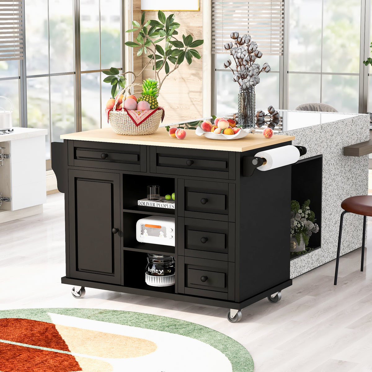 Kitchen cart with Rubber wood desktop rolling mobile kitchen island with storage and 5 drawers 53 Inch length (Black) WF297003AAB-djyc