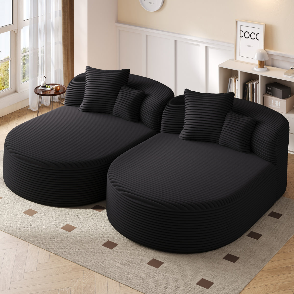 Modern Chaise Lounge Sofa Boneless CouchSofa Bed Compression Sofa Couch with Two Supportive Pillows for Living Room, Black-N719S002370B