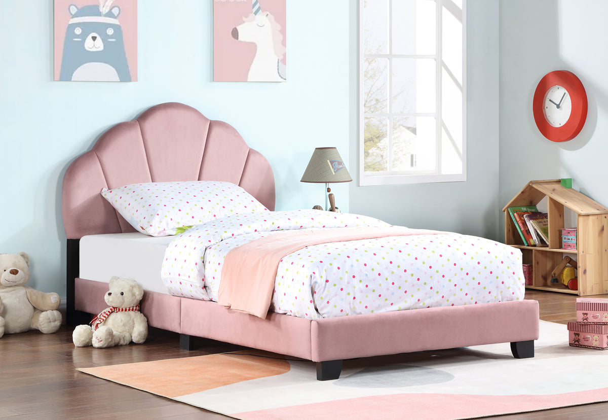 Upholstered Twin Size Platform Bed for Kids, Wooden Bed Frame with Slatted Bed Base, No Box Spring Needed, Cute Bed Frame with Shell Design Headboard for Girls Boys Teens, Pink W1998124486-djyc