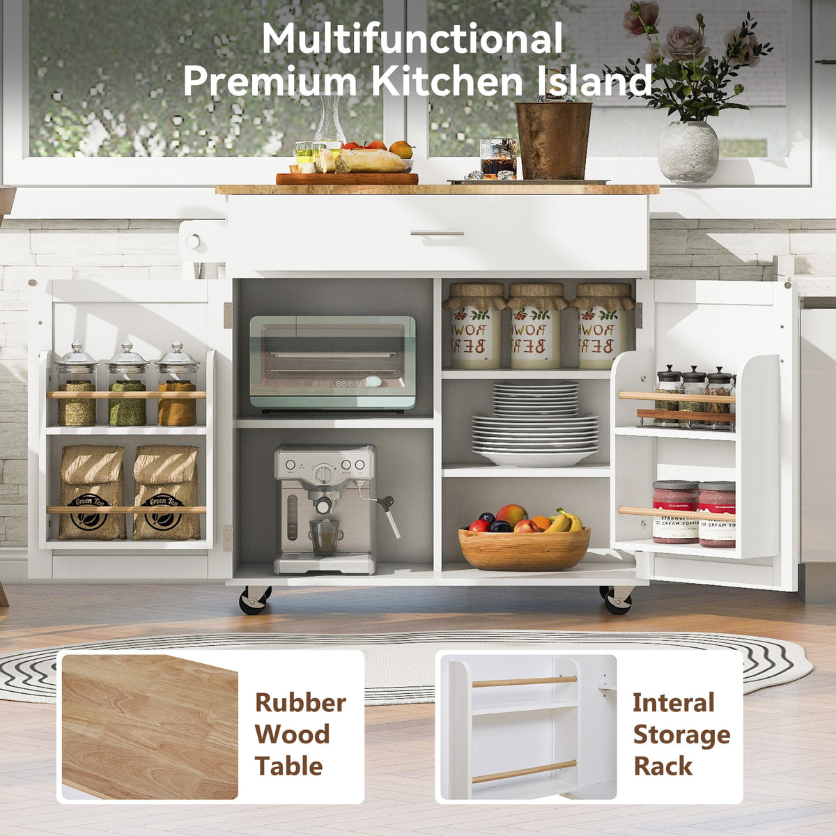 K&K Rolling Kitchen Island with Storage, Kitchen Cart with Rubber Wood Top, Spacious Drawer with Divider and Internal Storage Rack, Kitchen Island on Wheels with Adjustable Shelf Tower Rack, White WF316601AAW-djyc