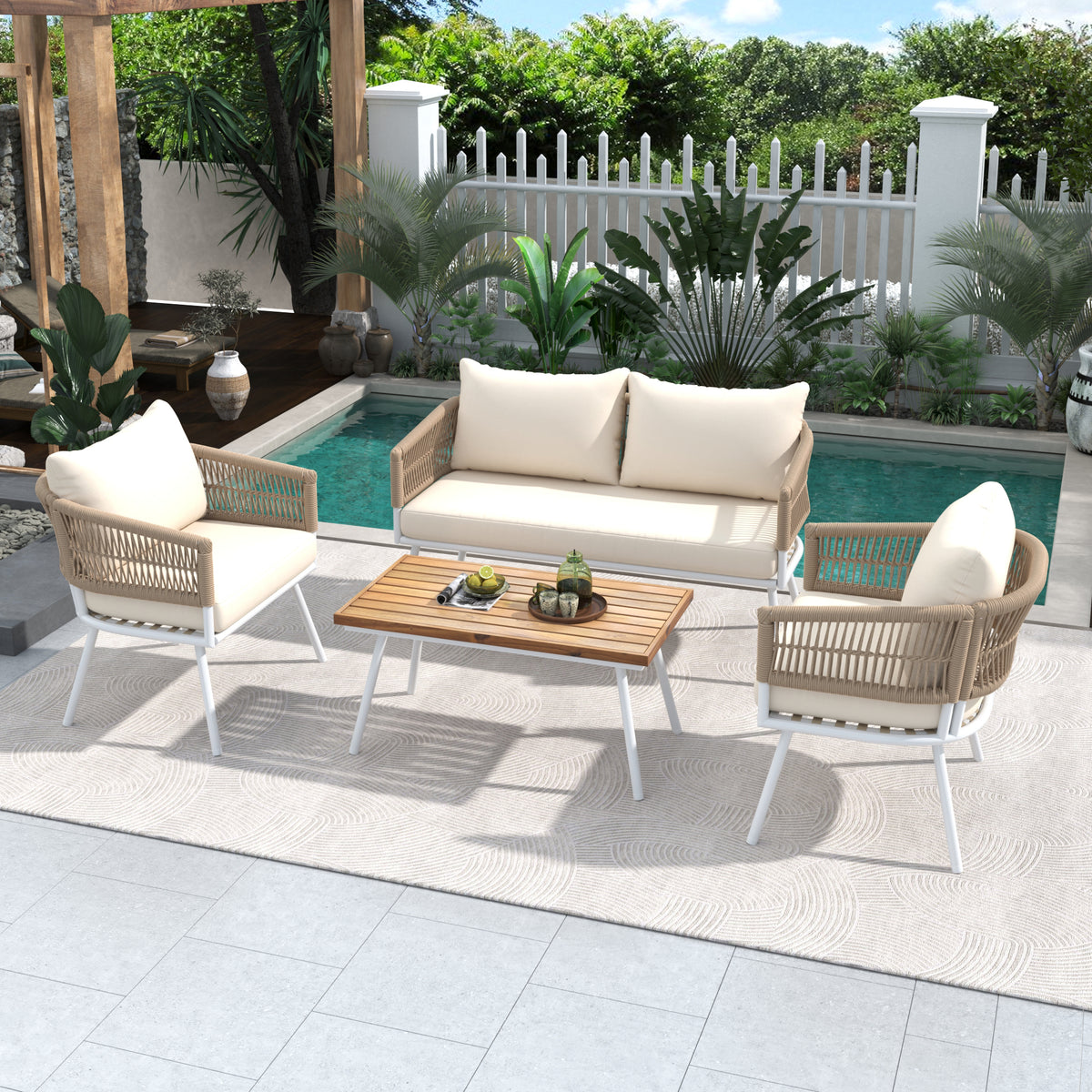 K&K 4-Piece Boho Rope Patio Furniture Set, Outdoor Furniture with Acacia Wood Table, Patio Conversation Set with Deep Seating & Thick Cushion for Backyard Porch Balcony, Beige SK000004AAZ-djyc