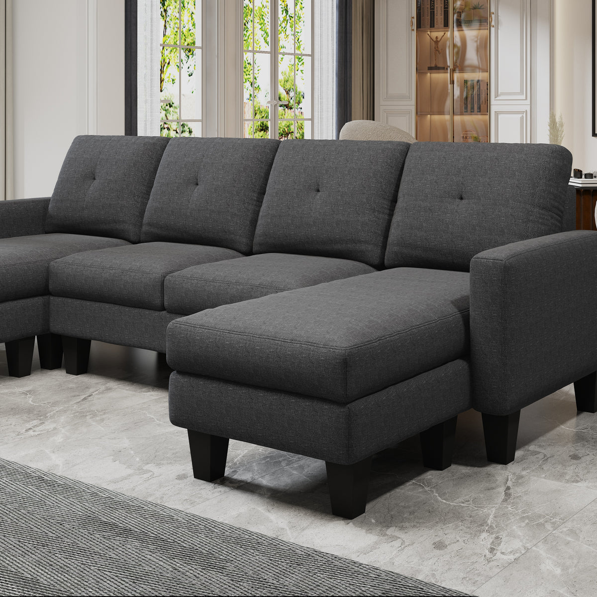 U-Shaped Sofa Coch 4-Seat Sofa with Chaise Polyester Fabric for Living Room Apartment Office (Dark Grey) W1669S00002-djyc