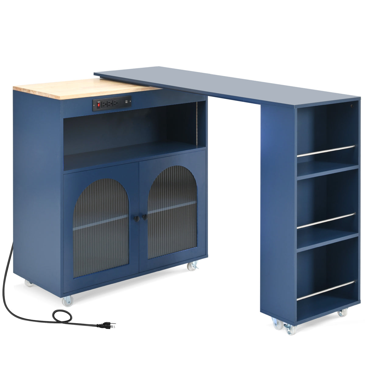 K&K Rolling Kitchen Island With Extended Table, Kitchen Island on Wheels with LED Lights,Power Outlets and 2 Fluted Glass Doors, Kitchen Island with a Storage Compartment and Side 3 Open Shelves, Navy WF316018AAN-djyc