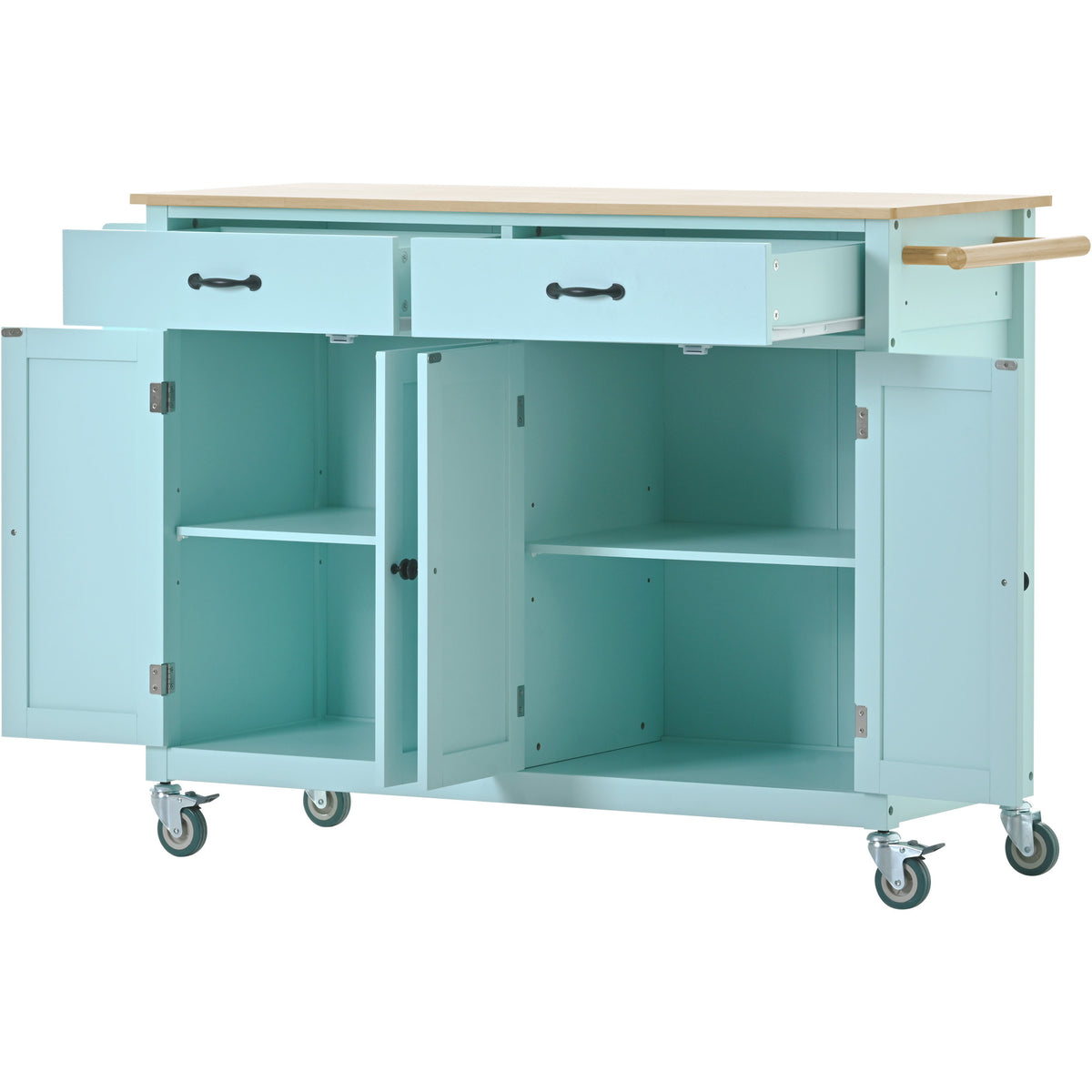 Kitchen Island Cart with 4 Door Cabinet and Two Drawers and 2 Locking Wheels - Solid Wood Top, Adjustable Shelves, Spice & Towel Rack(Mint Green) WF286911AAN-djyc