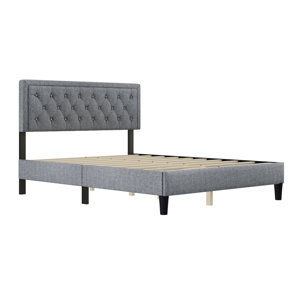 Queen size Panel Bed Frame with Adjustable Button-Tufted Headboard for Bedroom/Linen Upholstered/Wood Slat Support/Easy Assembly,Light Grey W1793140496-djyc