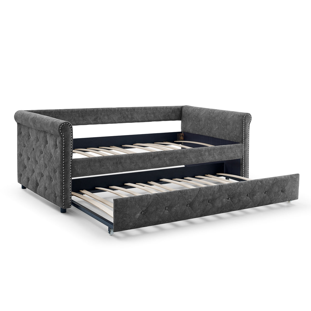 Daybed with Trundle Upholstered Tufted Sofa Bed,with Button and Copper Nail on Arms,both Twin Size,Grey(85.5"x42"x30.5") W487S00138-djyc