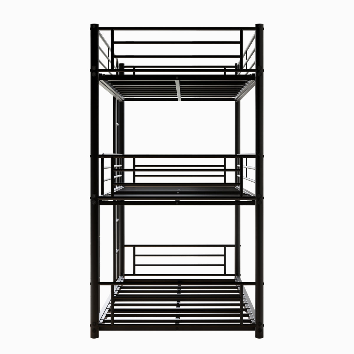 Triple Twin Bunk Beds, Twin Over Twin Over Twin Metal Bunk Bed Platform Frame, Two Attached Ladders, Easy Access Guard-Rail, No Box Spring Need (Black) W840P209935-djyc
