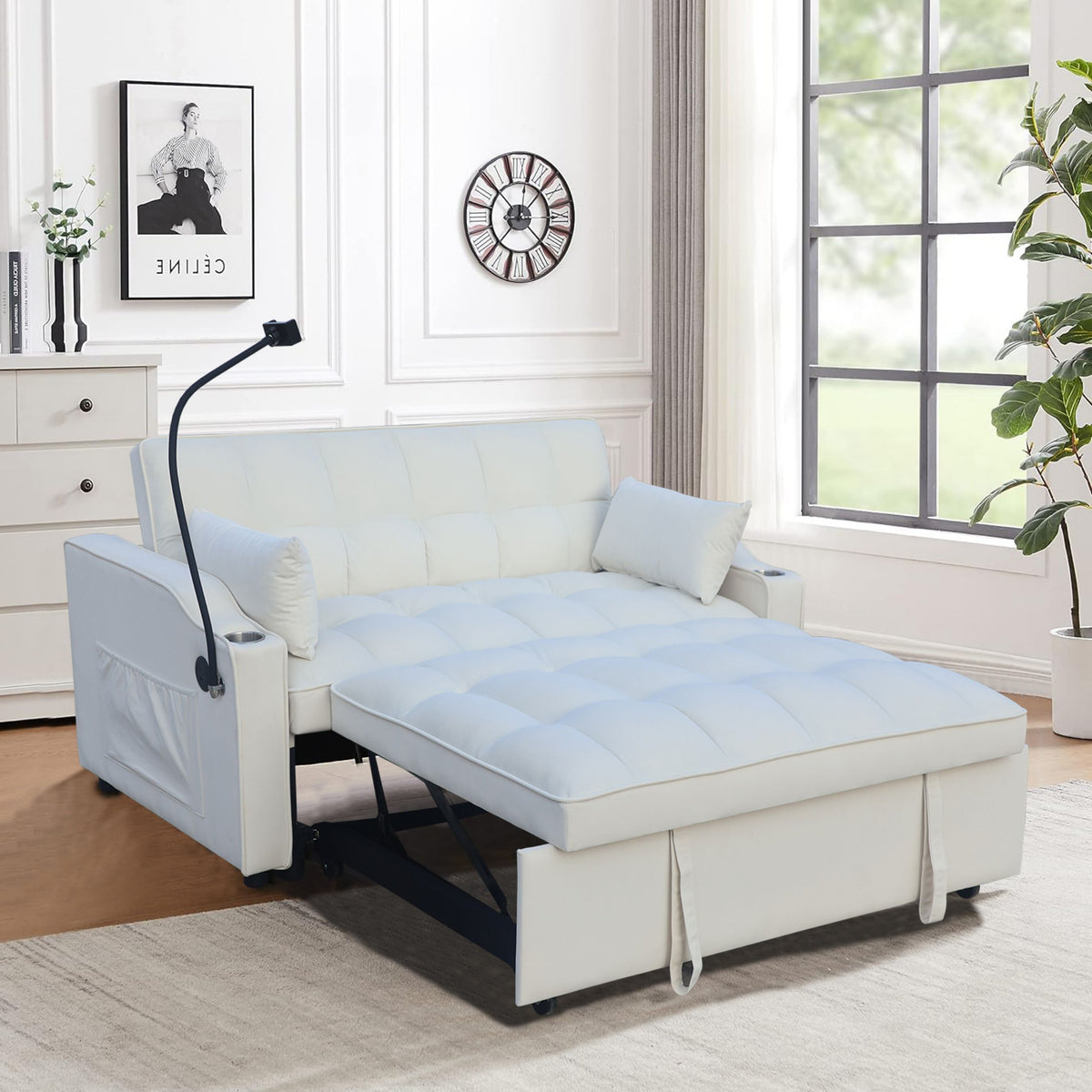 Modern Velvet Loveseat Futon Sofa Couch w/Pullout Bed,Small Love Seat Lounge Sofa with adjustable Reclining Backrest,Toss Pillows, Pockets,Furniture for Living Room,3 in 1 Convertible Sleeper Sofa Bed W311P195249-djyc