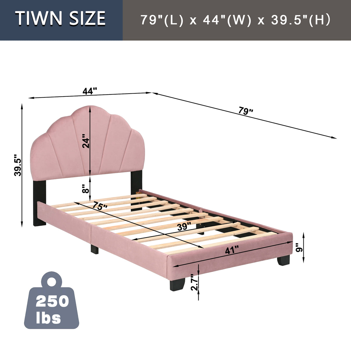 Upholstered Twin Size Platform Bed for Kids, Wooden Bed Frame with Slatted Bed Base, No Box Spring Needed, Cute Bed Frame with Shell Design Headboard for Girls Boys Teens, Pink W1998124486-djyc