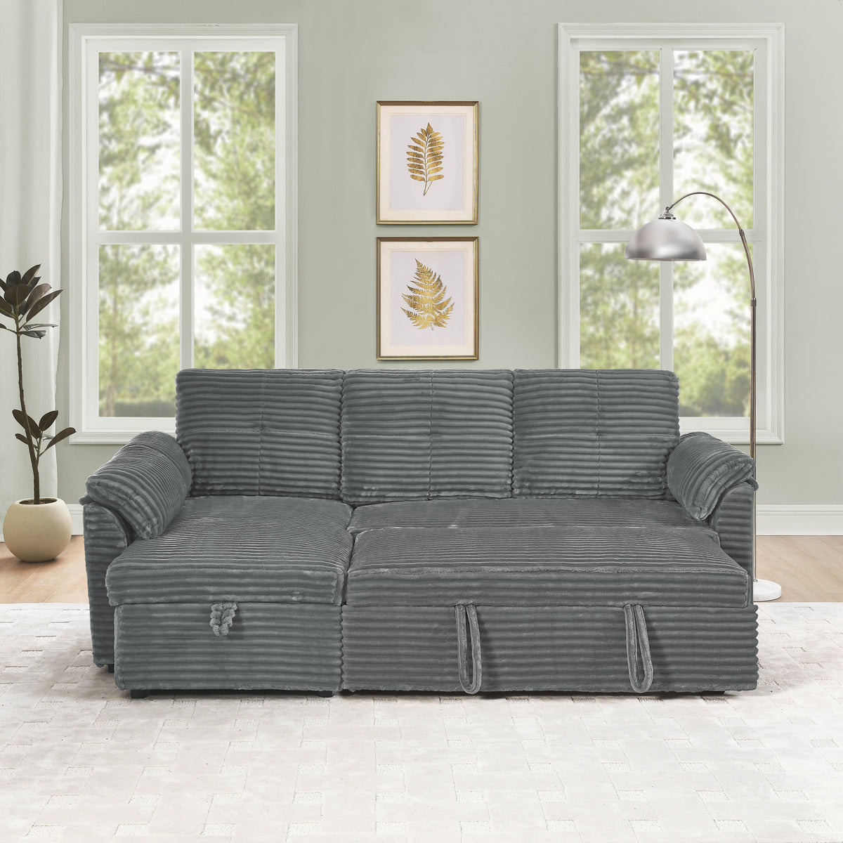 Corduroy Tufted Upholstered Sleeper Sectional Sofa, L-Shaped Modular Convertible Sofa with Storage Chaise, Pull Out Sleep Couch Bed and Reclining Backrest Perfect for Living Space,Grey W487S00225-djyc