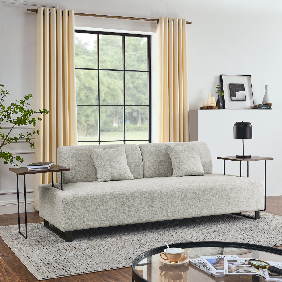 Linen Fabric 3 Seat Sofa with Two End Tables and Two Pillows, Removable Back and Armrest, Morden Style Upholstered 3-Seat Couch for Living Room W487139513-djyc