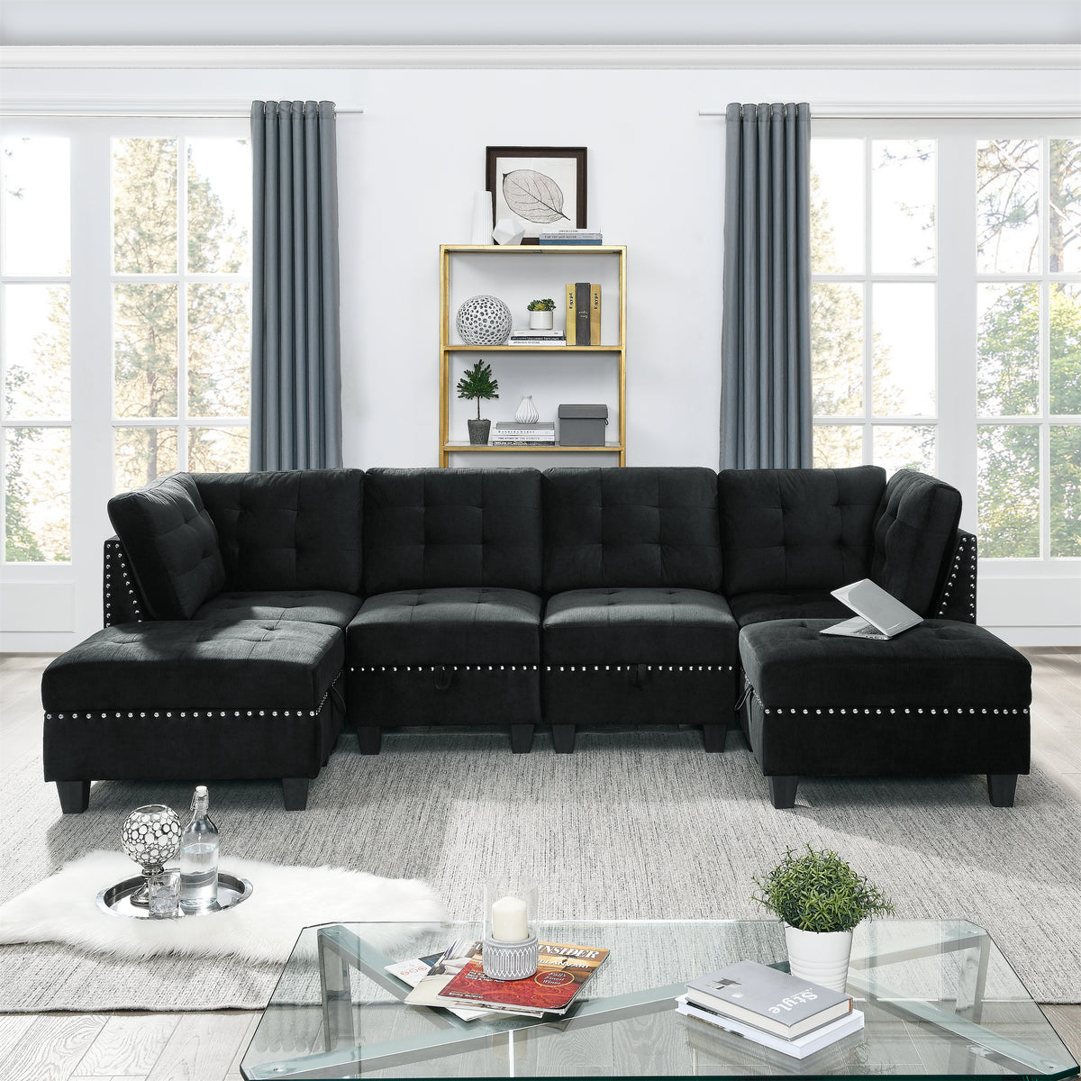 U shape Modular Sectional Sofa,DIY Combination,includes Two Single Chair ,Two Corner and Two Ottoman,Black Velvet. W487S00063-djyc