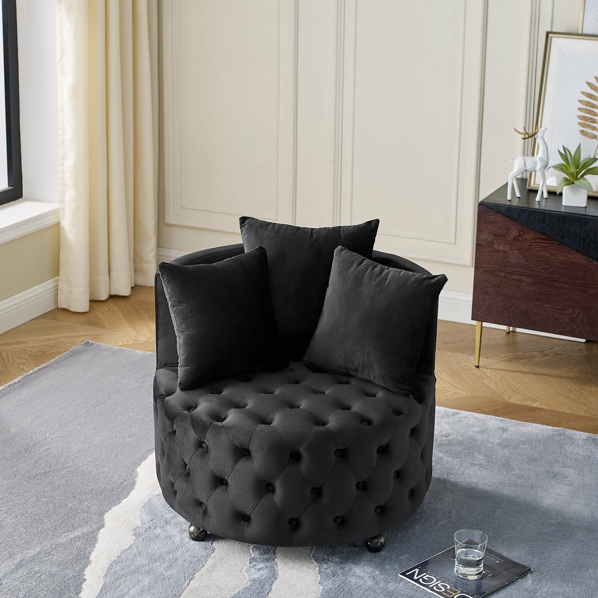 Velvet Upholstered Swivel Chair for Living Room, with Button Tufted Design and Movable Wheels, Including 3 Pillows, Black W48790917-djyc