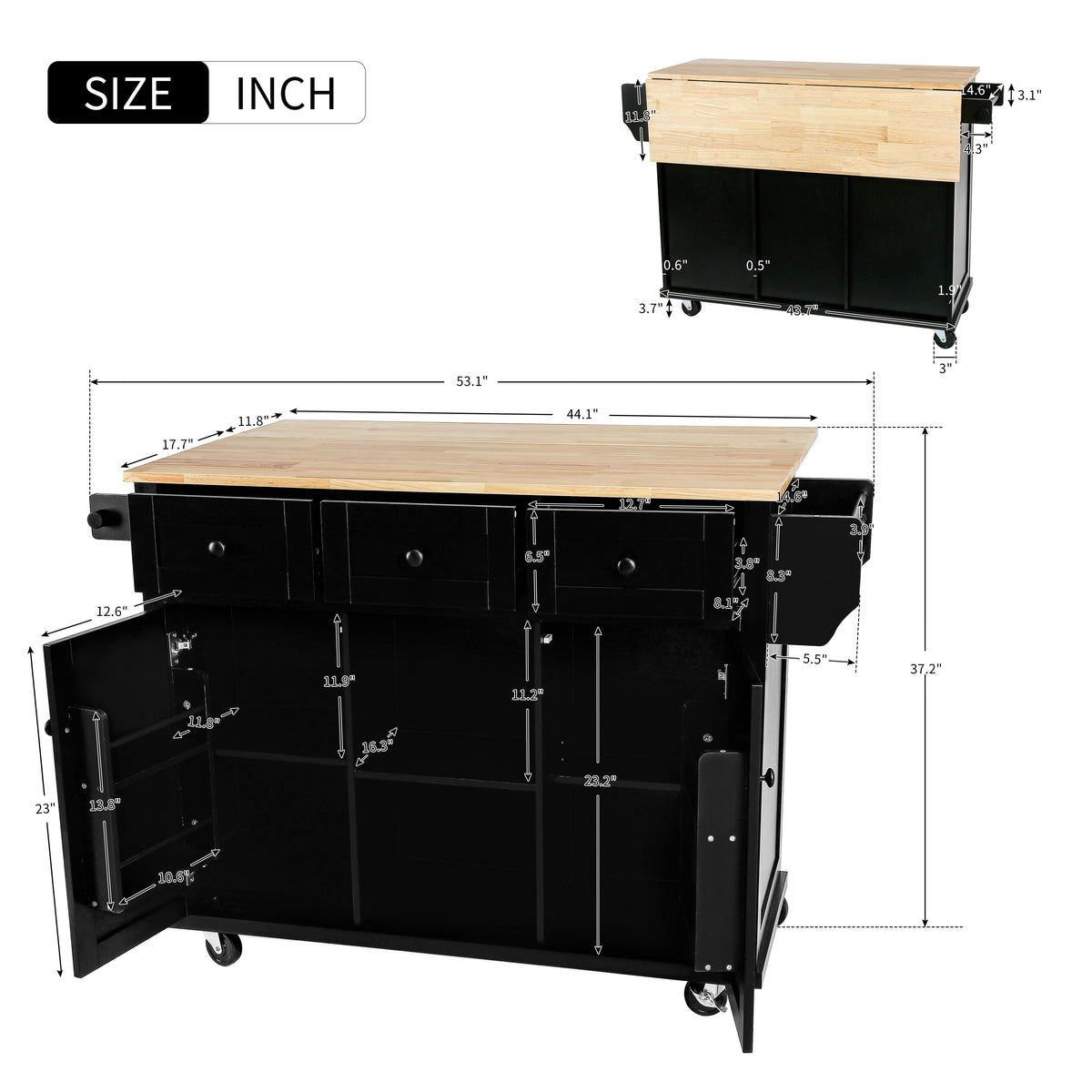 Kitchen Cart with Rubber wood Drop-Leaf Countertop ,Cabinet door internal storage racks,Kitchen Island on 5 Wheels with Storage Cabinet and 3 Drawers for Dinning Room, Black WF298028AAB-djyc