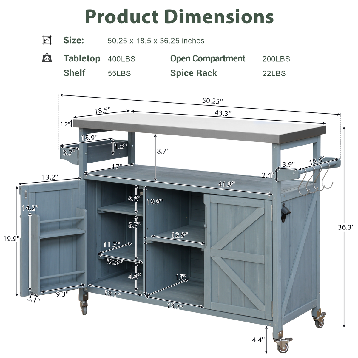 K&K Outdoor Kitchen Island, Rolling Bar Cart & Storage Cabinet, Farmhouse Solid Wood Outdoor Grill Table with Stainless Steel Top, Spice Rack , Towel Rack for Kitchen & BBQ , Grey Blue WF532198AAG-djyc