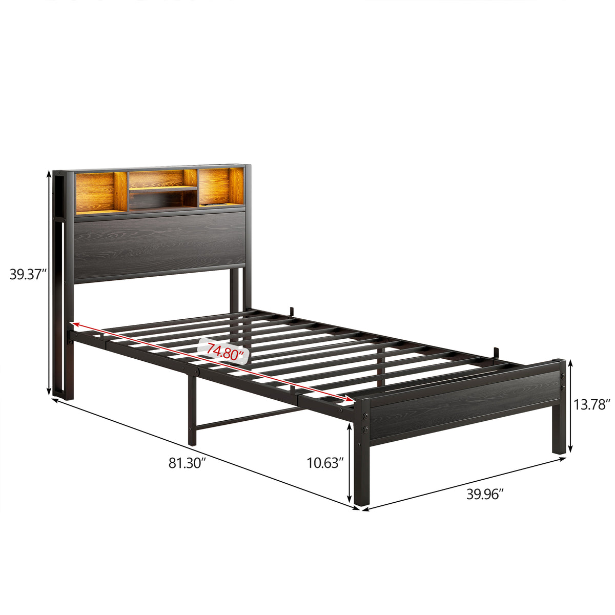 Twin Size Bed Frame with Storage Headboard, Metal Platform Bed with Charging Station, Bookcase Storage, No Box Spring Needed, Easy Assembly W840P201065-djyc