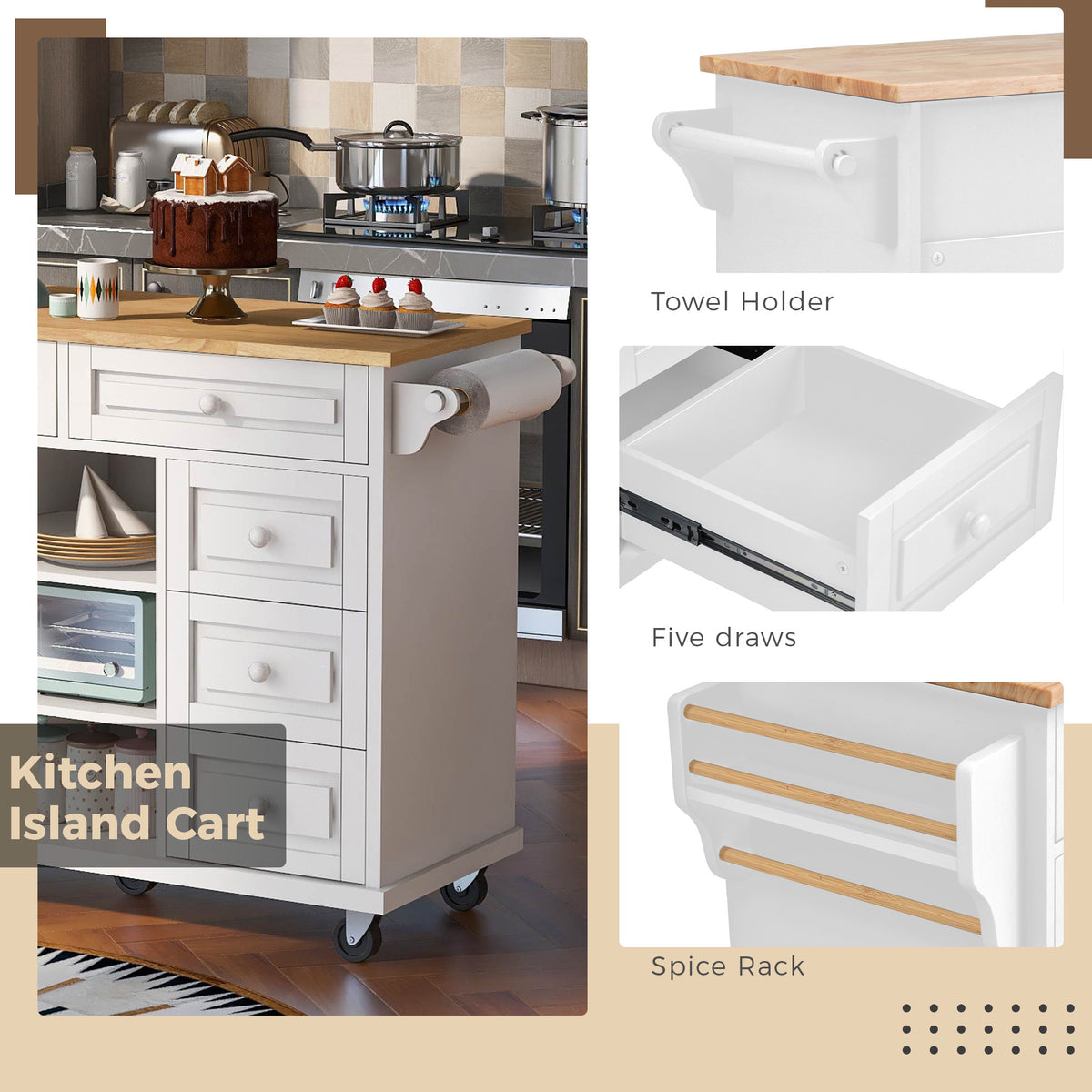 Kitchen cart with Rubber wood desktop rolling mobile kitchen island with storage and 5 draws 53 Inchlength(White) WF297003AAW-djyc