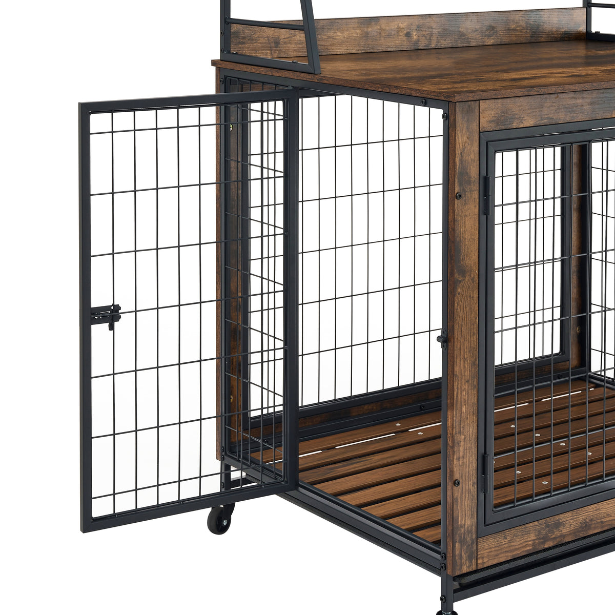 Furniture type dog cage iron frame door with cabinet, two door design, Rustic Brown,37.99"WX27.36"DX59.92"H W1903P151284-djyc