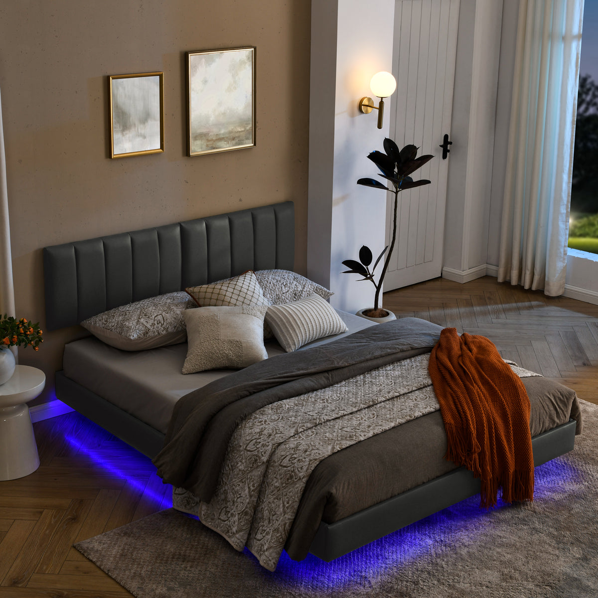 Queen Floating Bed Frame with LED Lights and Wall Mounted Headboard Modern Low Profile Led Platform Bed Frame Queen Size Faux Leather Upholstered Platform Bed Frame,No Box Spring Needed,Grey W487P169723-djyc