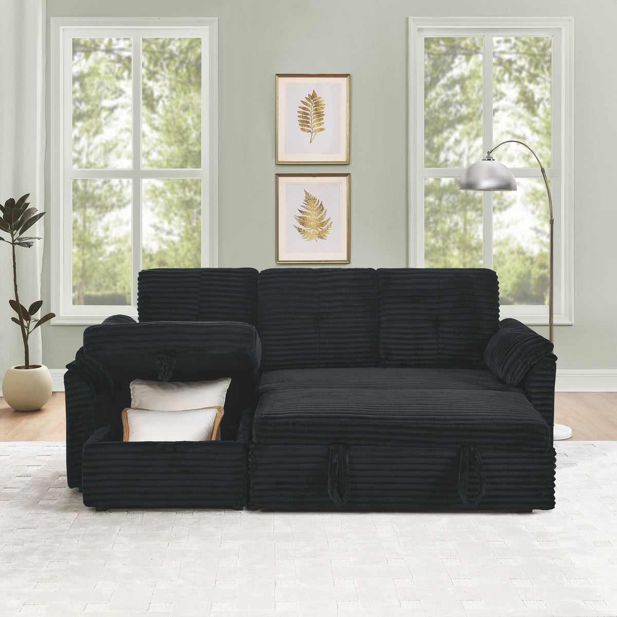 Corduroy Tufted Upholstered Sleeper Sectional Sofa, L-Shaped Modular Convertible Sofa with Reversible Storage Chaise, Pull Out Sleep Couch Bed and Reclining Backrest Perfect for Living Space, Black W487S00227-djyc