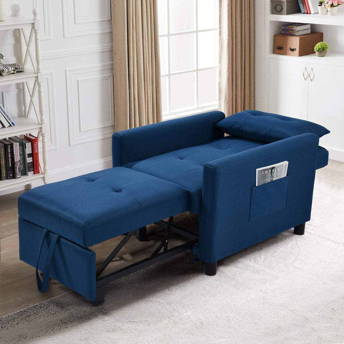 3-in-1 Convertible Futon Sofa Bed with Adjustable Backrest, Single Sofa Bed with Pull Out Sleeper, Convertible Futon Chair for Living Room, Side Bag and 1 Lumbar Pillow,Navy W1998121159-djyc