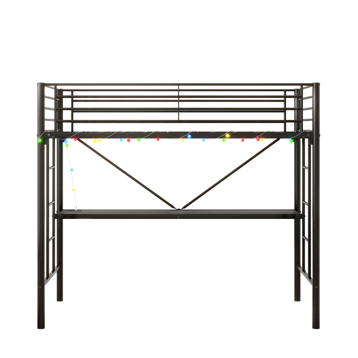 Twin Metal Loft Bed with Desk, Power Outlet and LED Lighted , Safety Guard & Ladder, No Box Spring Needed, Black W840P192240-djyc