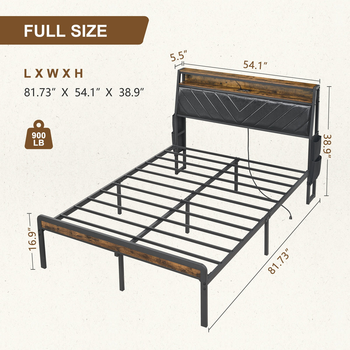 Full size Platform Bed Frame with 105-Degree Tilted Upholstered Headboard, Charging Station, LED Lights, Noiseless, Black and Brown W1903P195308-djyc